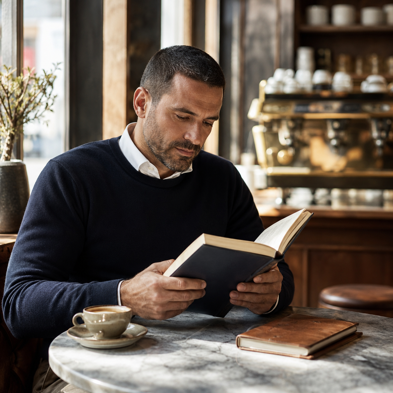 Man in his late 30s wearing a navy crewneck sweater over a white collared shirt, reading a hardcover book with focused attention at a marble café table in a sunlit independent coffee shop, ceramic cup of espresso and leather notebook beside him, illustrating the mental focus and cognitive engagement supported by Cerebrolysin at Evolve Anti-Aging in Encino, CA