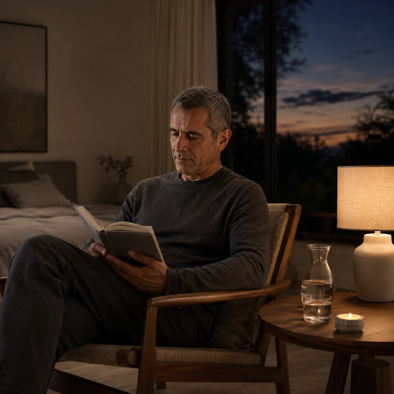 Man in his mid-50s with closely-cropped graying hair, wearing soft charcoal loungewear, seated in a low wooden Scandinavian armchair reading a clothbound book by the warm glow of a single ceramic table lamp, dusky twilight sky visible through the window behind him, glass carafe and tealight candle on the side table, illustrating the evening wind-down and restorative sleep support associated with DSIP at Evolve Anti-Aging in Encino, CA