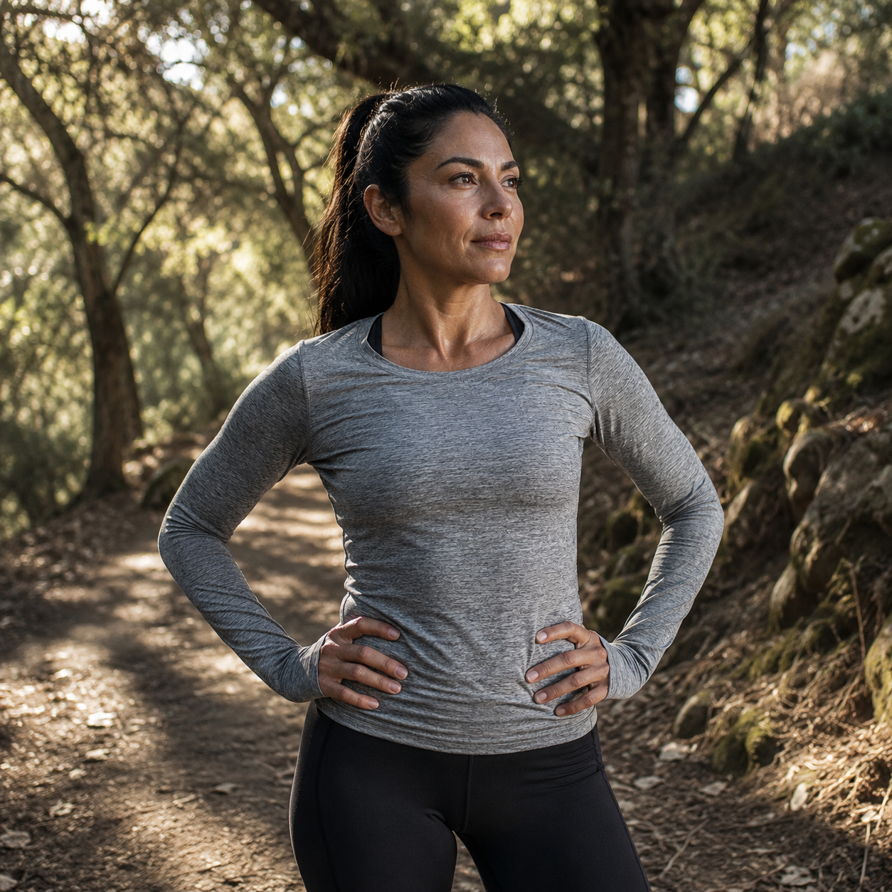 Woman in her late 30s with high dark ponytail, wearing a heather-gray long-sleeve technical running shirt and black athletic tights, paused on a wooded hiking trail through Griffith Park's oak grove with hands resting on her hips in soft cool morning light, illustrating the growth hormone signaling and active recovery support associated with Hexarelin at Evolve Anti-Aging in Encino, CA