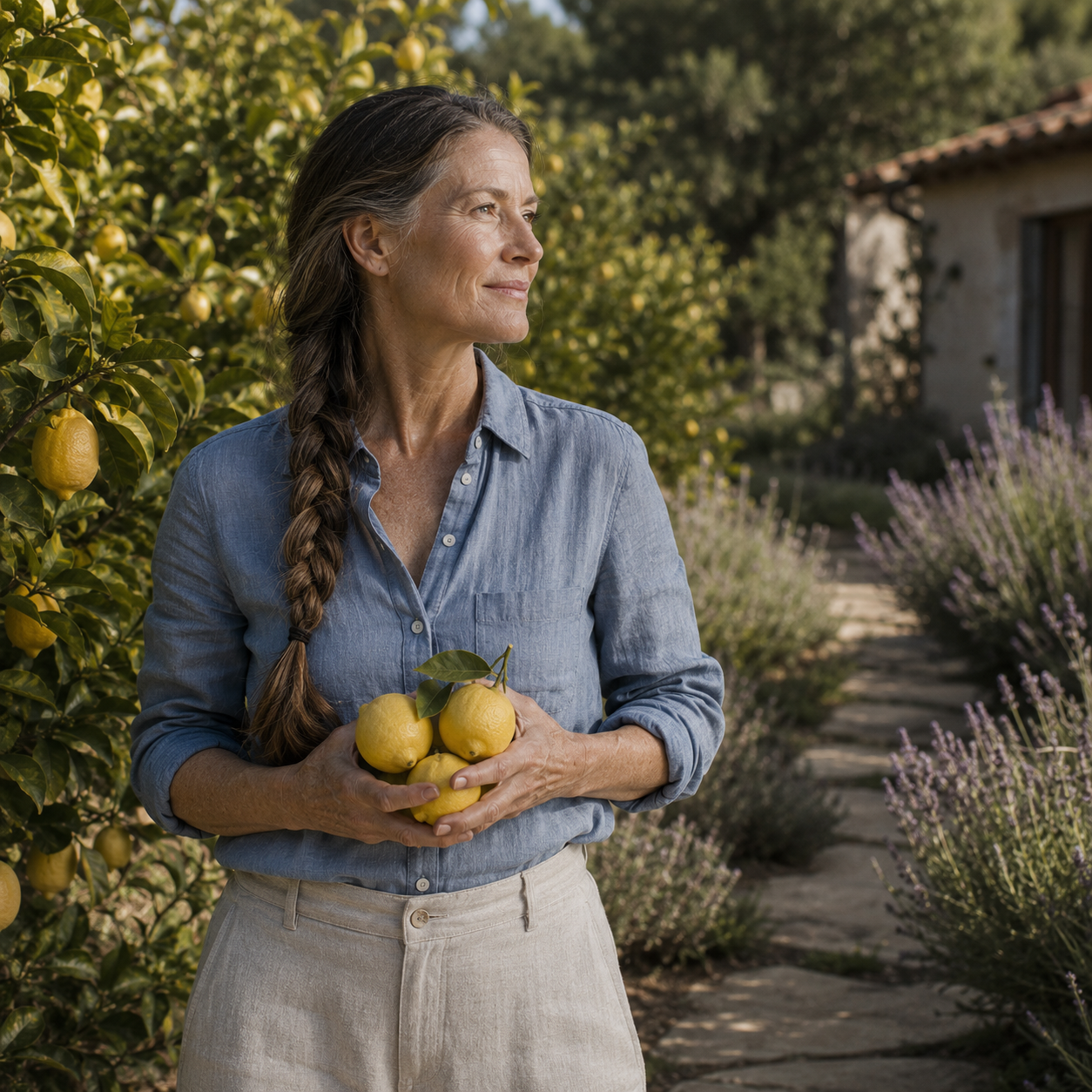 Woman in her early 70s with long braided silver-brown hair, wearing a cornflower-blue chambray button-down and soft cream linen trousers, holding fresh-picked lemons in a private citrus orchard alongside lavender plants and a Mediterranean stone path in warm morning light, representing the cellular resilience and graceful healthy aging supported by Humanin at Evolve Anti-Aging & Wellness in Encino, CA