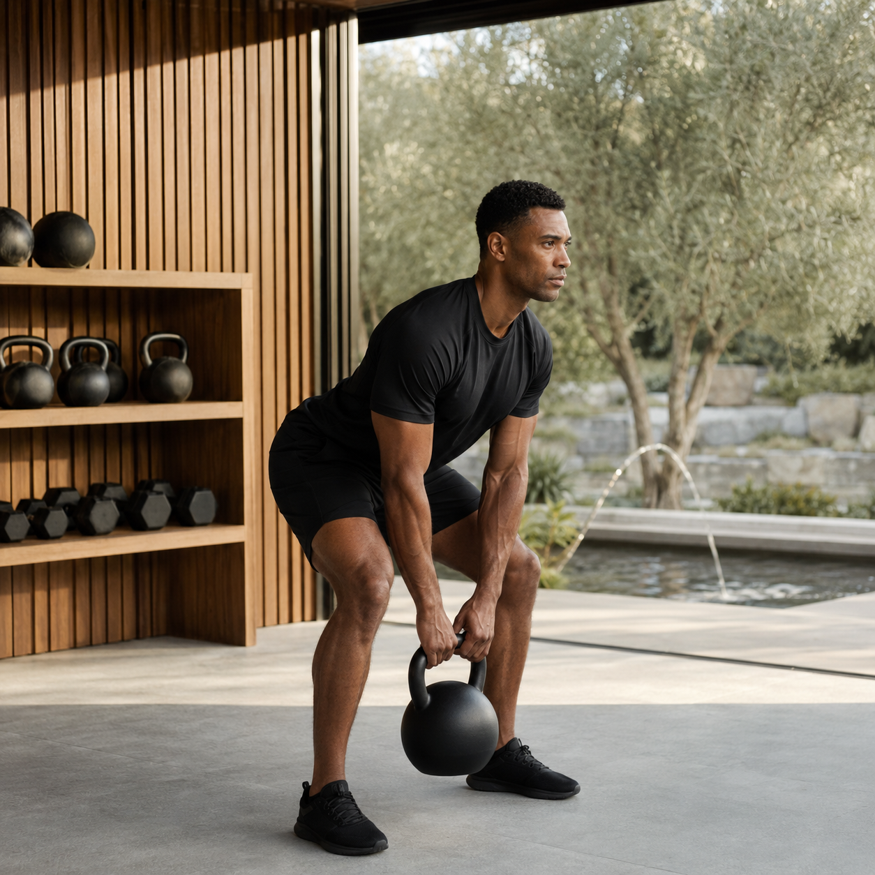 Man in his mid-30s with closely-cropped curly black hair, lean strong build, mid-deadlift with a black kettlebell in an open-air private gym pavilion with wood-slat walls and concrete floor, looking out toward a quiet garden of olive trees and a stone fountain in soft morning light, illustrating the growth signaling and recovery support associated with IGF-1-LR3 at Evolve Anti-Aging in Encino, CA