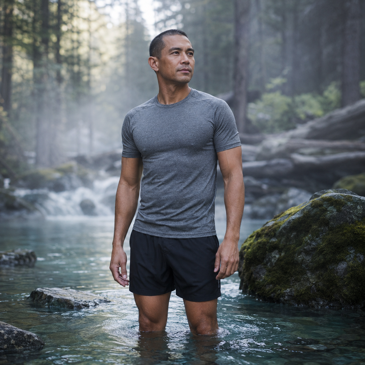Man in his late 30s with closely-cropped dark hair, wearing a heather-gray technical shirt and matte black athletic shorts, standing calf-deep in a clear cold mountain stream at a private forest retreat with mist rising gently from the water, tall pine trees and mossy stones in the soft-focus background, illustrating the natural defenses and cold-exposure resilience supported by LL-37 at Evolve Anti-Aging in Encino, CA