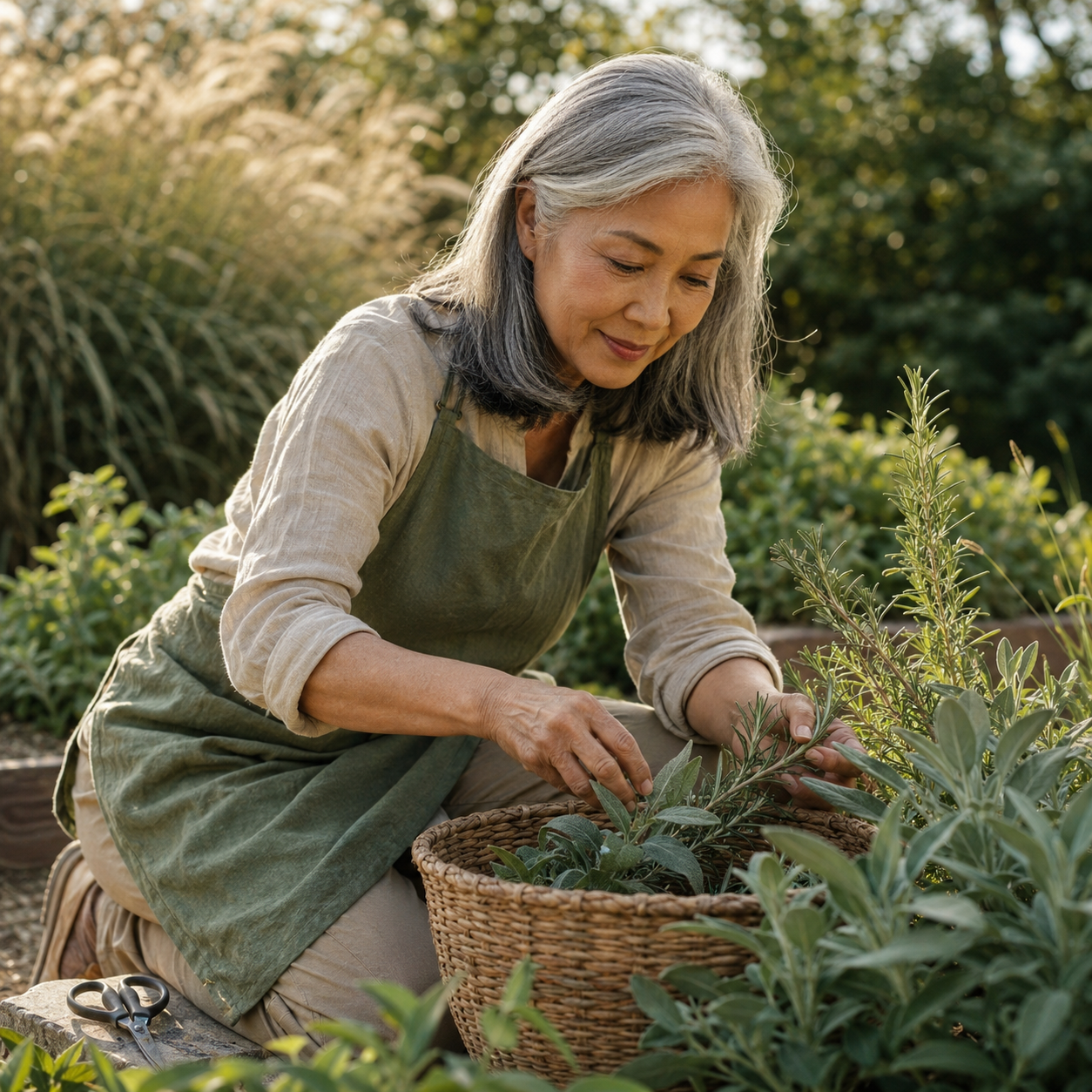 Woman in her late 50s with shoulder-length silver-gray hair, wearing a moss-green linen apron over an oatmeal cotton shirt, kneeling in a sunlit private herb garden gently harvesting fresh sage and rosemary into a woven basket with garden shears beside her in soft late afternoon light, representing the lived-in resilience and immune wellness support associated with LL-37 at Evolve Anti-Aging & Wellness in Encino, CA