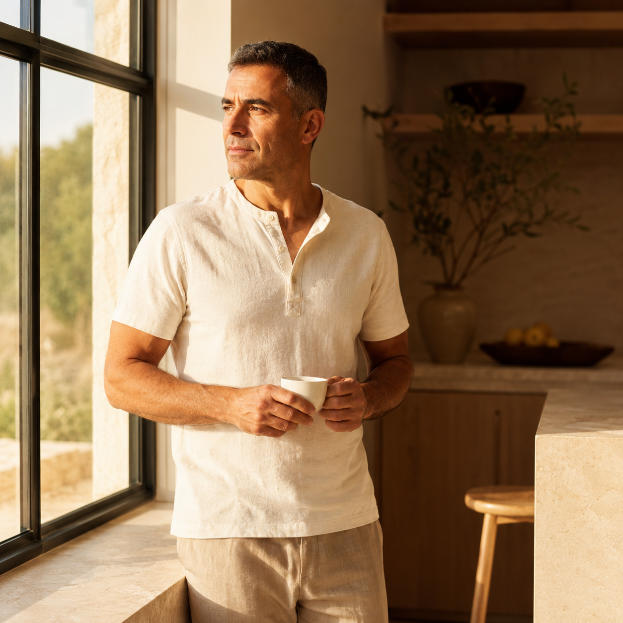 Man in his mid-40s with closely-cropped dark hair beginning to silver at the temples and warm honey-toned skin, wearing a cream linen henley and natural khaki pants, standing at a large east-facing kitchen window of a minimalist Mediterranean home holding a white ceramic espresso cup with both hands as soft early morning sunlight streams across his face and forearms, illustrating the melanocortin signaling and natural pigmentation pathway support associated with Melanotan II at Evolve Anti-Aging in Encino,