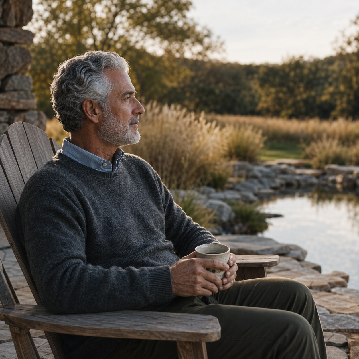 Man in his early 60s with full silver-gray hair and a trimmed silver beard, wearing a charcoal cashmere sweater over a chambray shirt and dark olive trousers, sitting in a wooden Adirondack chair on a private stone terrace garden holding a small ceramic teacup, looking out toward a quiet pond and ornamental grasses in soft warm late afternoon light, illustrating the calm, emotional ease, and stress-response support associated with Oxytocin at Evolve Anti-Aging in Encino, CA