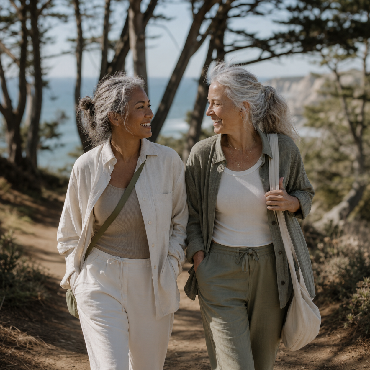 Two women in their early 50s walking together along a quiet wooded coastal hiking trail near Point Dume, both with naturally graying hair pulled back loosely, mid-conversation with warm laughter between them and the Pacific Ocean visible through coastal trees, wearing comfortable layered neutral clothing in cream and sage tones, representing the emotional wellness, connection, and quality-of-life support associated with Oxytocin at Evolve Anti-Aging & Wellness in Encino, CA