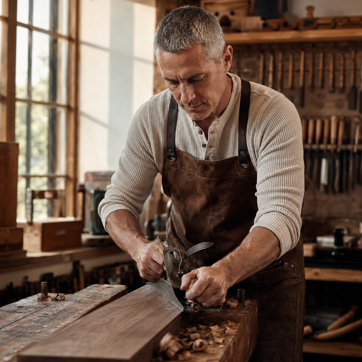 Man in his early 50s with closely-cropped salt-and-pepper hair, wearing a brown waxed leather work apron over a soft cream waffle henley with sleeves pushed up, hand-planing a piece of walnut wood at a workbench in a sunlit private woodworking shop, vintage hand tools organized on a pegboard wall in soft warm afternoon light, illustrating the steady focus and cognitive engagement supported by PE 22-28 at Evolve Anti-Aging in Encino, CA