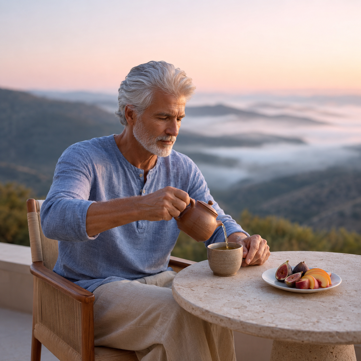 Man in his early 60s with full silver-white hair and a trimmed beard, wearing a heather-blue linen henley and natural linen trousers, sitting alone at a small travertine breakfast table on a quiet hilltop terrace overlooking fog-settled rolling hills at sunrise, gently pouring loose-leaf tea from a clay teapot into a ceramic cup with sliced figs and peach on a plate beside him, illustrating the cellular wellness and grounded longevity ritual supported by Pinealon Acetate at Evolve Anti-Aging in Encino, CA
