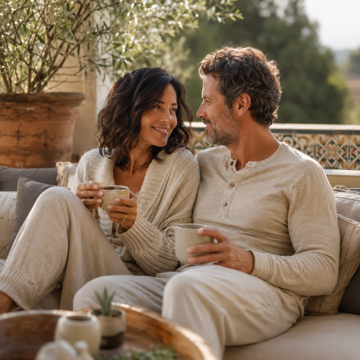 A couple in their late 40s seated close together on a low outdoor sofa on a sunlit Mediterranean balcony, both in soft neutral loungewear sharing morning coffee and leaning toward each other mid-conversation with warm relaxed smiles, olive greenery and tiled railing behind them in soft morning light, representing the intimacy, connection, and sexual wellness support associated with PT-141 at Evolve Anti-Aging & Wellness in Encino, CA