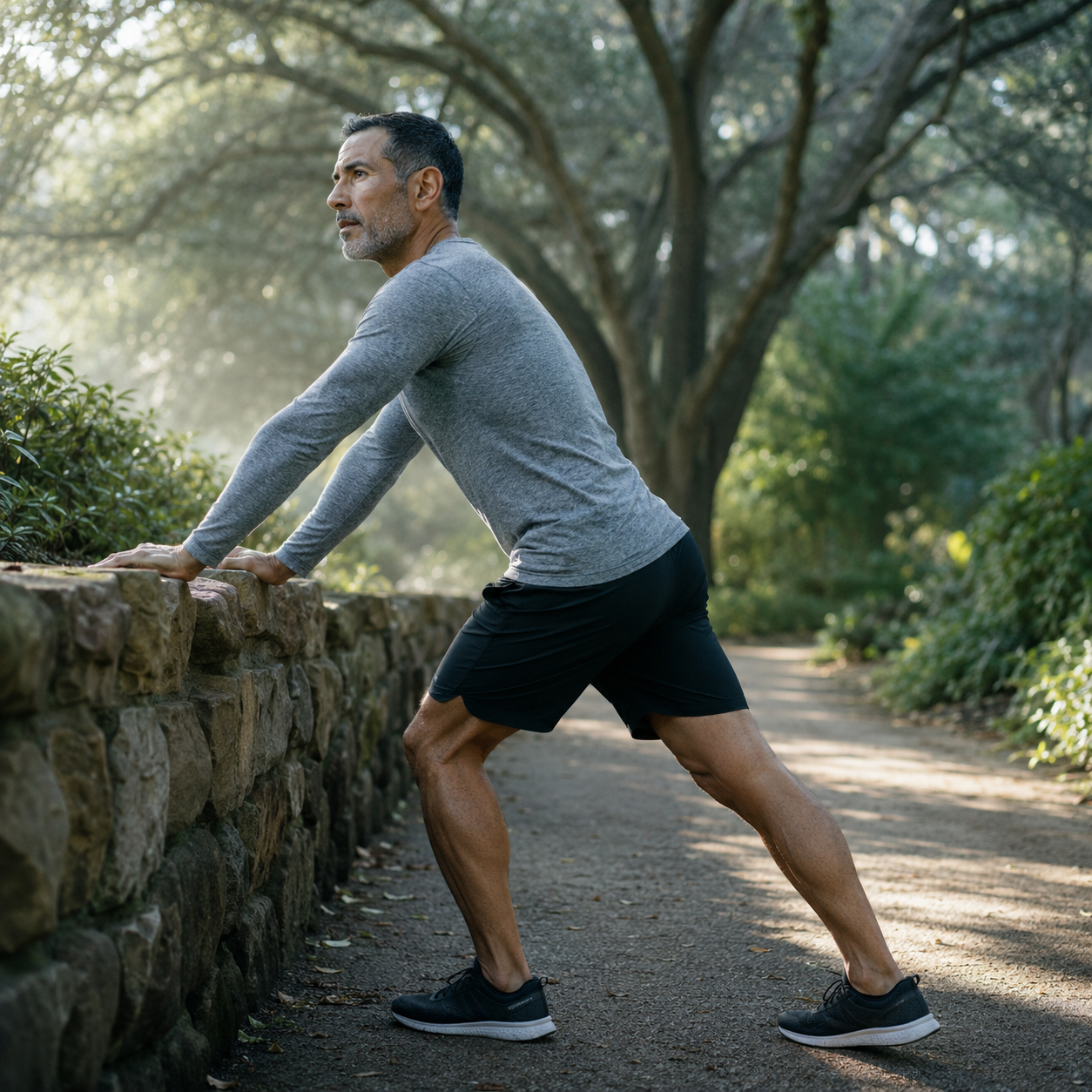Man in his late 40s with closely-cropped graying dark hair and a short beard, wearing a heather-gray long-sleeve and black running shorts, performing a calm calf stretch against a low stone wall after a morning run on a quiet tree-lined parkland path in soft misty morning light, illustrating the growth hormone signaling and recovery support associated with Sermorelin at Evolve Anti-Aging in Encino, CA