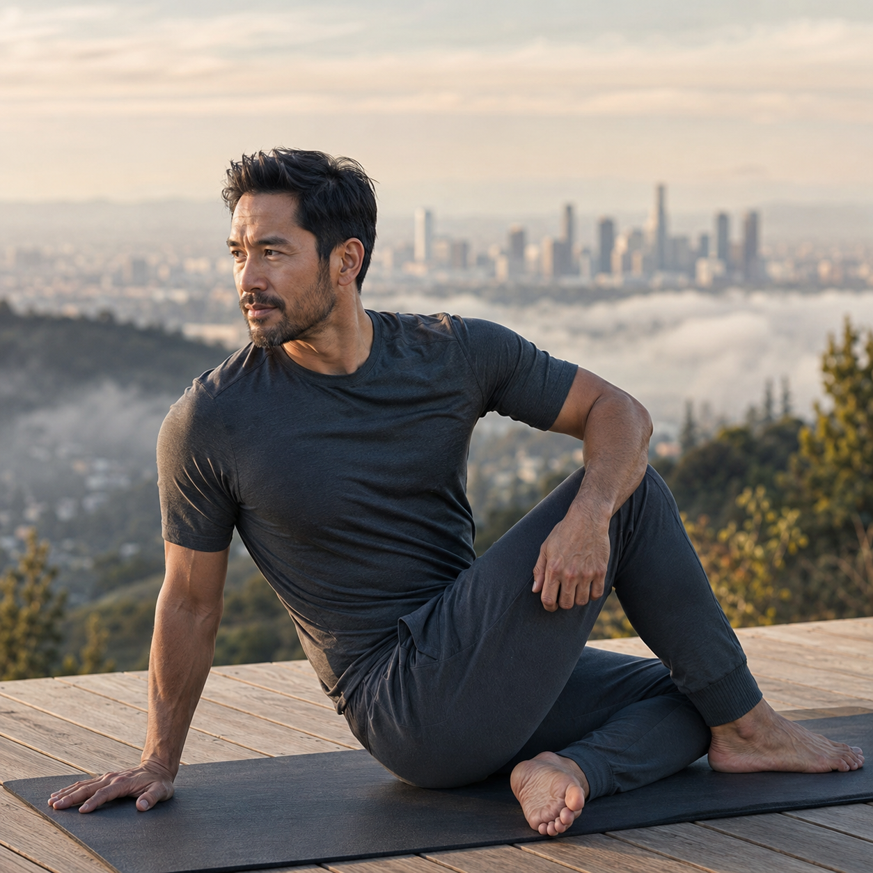 Man in his early 60s with full silver hair and a trimmed beard, in a slow controlled movement on a wooden deck overlooking a misty forested valley in early morning light, wearing soft charcoal-gray clothing, illustrating the mitochondrial function and steady cellular energy support associated with SS-31 at Evolve Anti-Aging in Encino, CA