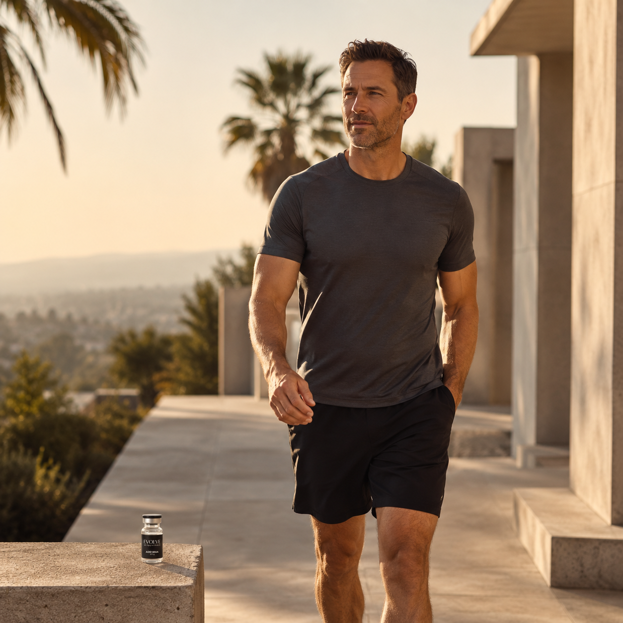 Athletic man in his early 40s wearing a charcoal gray t-shirt and black athletic shorts, walking confidently along a sunlit outdoor concrete patio overlooking the Los Angeles hillside, palm trees and golden hour light behind him, EVOLVE AOD 9604 peptide vial visible on the concrete ledge in the foreground, representing the body composition and vitality support associated with AOD 9604 at Evolve Anti-Aging & Wellness in Encino, CA