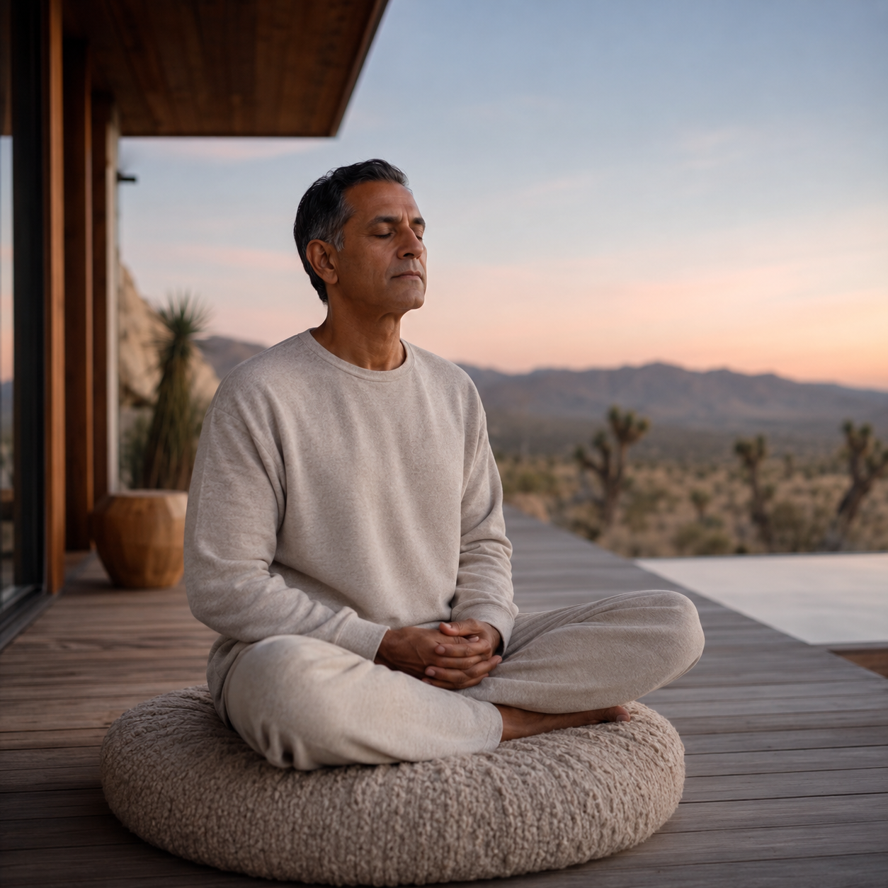 Man in his early 50s wearing a soft oatmeal cotton crewneck and matching loose pants, seated cross-legged in meditation on a thick wool cushion on the wooden deck of a Joshua Tree desert home, soft pink and pale blue twilight sky behind distant mountains and yucca silhouettes, illustrating the circadian rhythm and pineal signaling support associated with Epitalon at Evolve Anti-Aging in Encino, CA