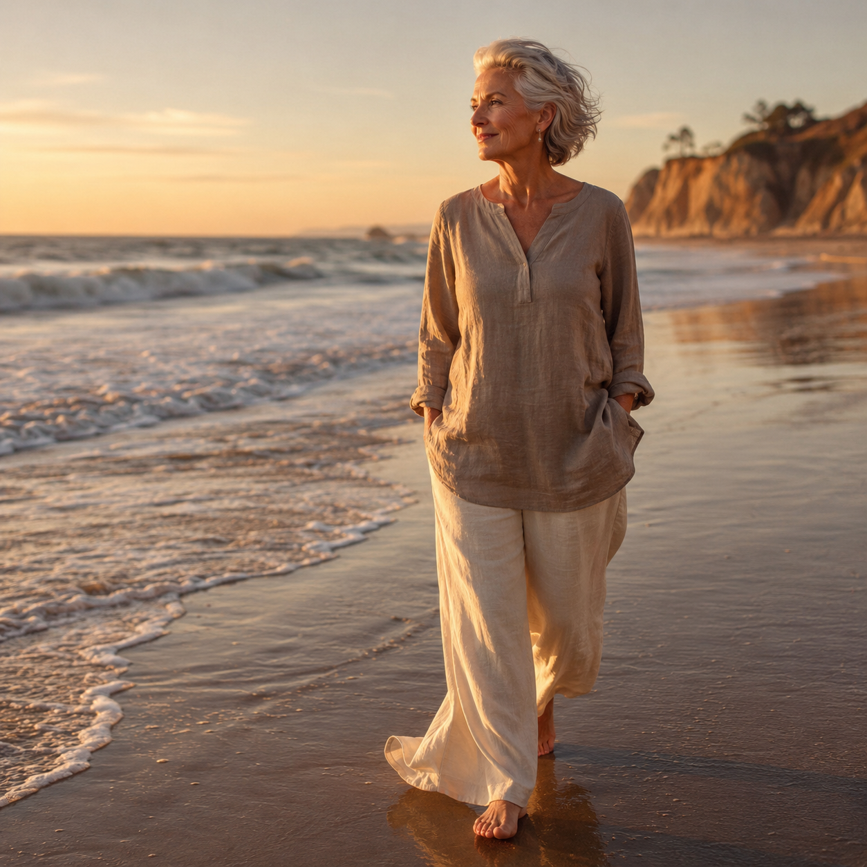 Woman in her late 60s with short silver-white hair, wearing a soft taupe linen tunic and wide-leg cream linen pants, walking barefoot along the wet sand of a quiet Malibu beach at sunset, ocean waves gently rolling beside her and coastal cliffs in the distance, representing the graceful aging and cellular longevity support associated with Epitalon at Evolve Anti-Aging & Wellness in Encino, CA