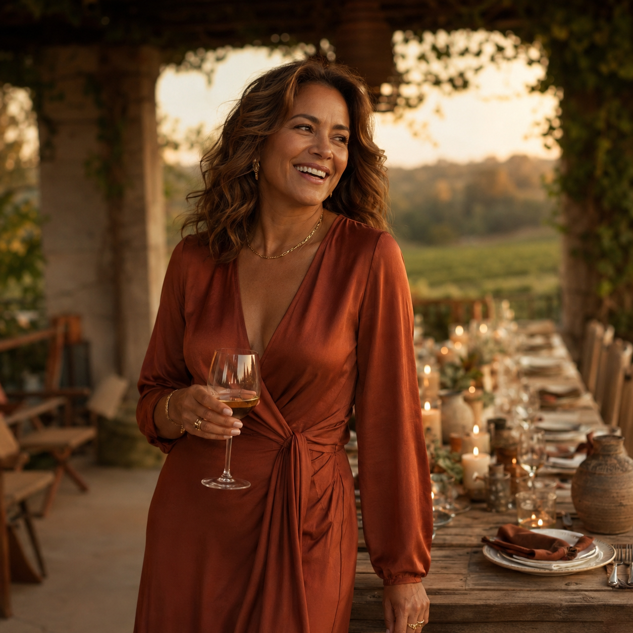 Woman in her mid-40s with shoulder-length wavy brown hair, wearing a terracotta silk wrap dress and minimal gold jewelry, standing beside a long candlelit outdoor dinner table on a vine-covered terrace at a California winery, laughing softly while holding a glass of white wine with rolling vineyard hills visible at golden hour, representing the vitality and hormonal wellness support associated with Kisspeptin at Evolve Anti-Aging & Wellness in Encino, CA