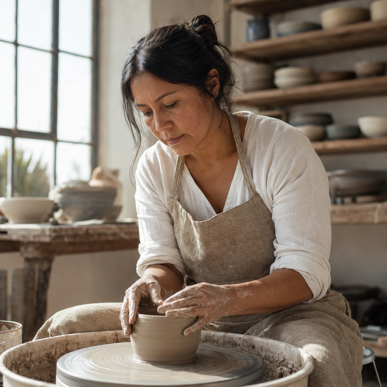 Woman in her mid-40s with dark hair pulled into a loose bun, wearing a flax-colored apron over a soft white linen top, working at a pottery wheel in a sunlit private ceramics studio with hands gently shaping wet clay, finished ceramic bowls visible on wooden shelves behind her in soft midday light, representing the mental wellbeing and creative-flow support associated with PE 22-28 at Evolve Anti-Aging & Wellness in Encino, CA