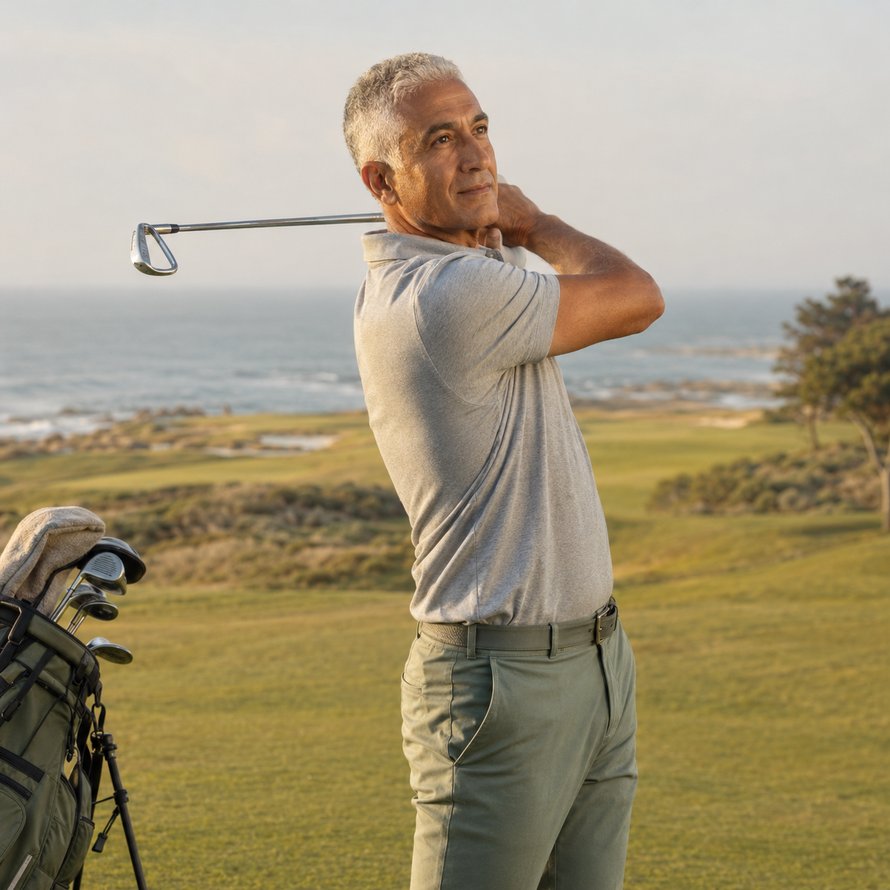 Man in his early 60s with closely-cropped silver hair, wearing a heather-gray performance polo and sage-green golf trousers, mid-follow-through after a smooth golf swing on a quiet coastal links-style course with the Pacific Ocean visible in the distance and a golf bag resting beside him in soft late afternoon light, representing the joint mobility and active aging support associated with Pentosan at Evolve Anti-Aging & Wellness in Encino, CA