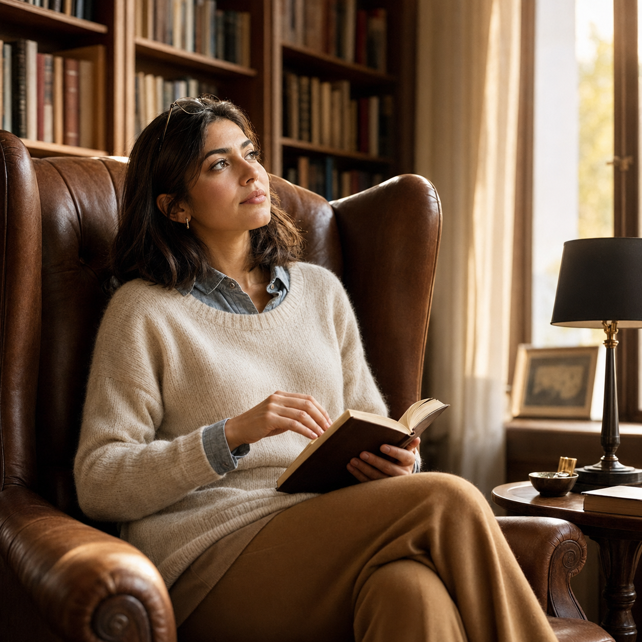 Woman in her late 60s with shoulder-length gray hair and reading glasses pushed up on her head, wearing a cream cashmere sweater over a chambray shirt, seated in a worn leather wingback armchair in a sunlit private home library with floor-to-ceiling bookshelves, holding an open book on her lap as she looks up thoughtfully toward warm afternoon window light, representing the cognitive wellness and healthy aging support associated with Pinealon Acetate at Evolve Anti-Aging & Wellness in Encino, CA